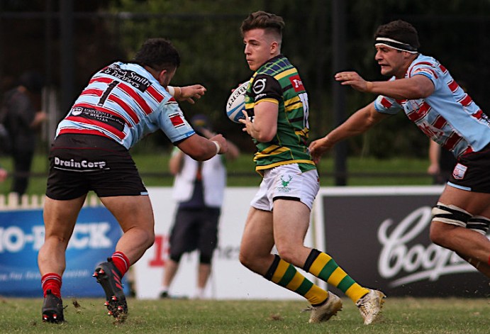James Wayland (Loosehead Prop &amp; Marcus Carbone - Co-Captain (Right Lock - Southern Districts) hone in on Hugh Margin